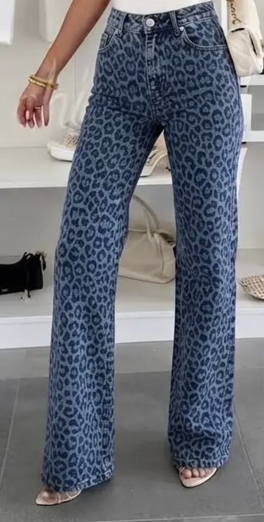 Stretch wide-leg jeans met panterprint