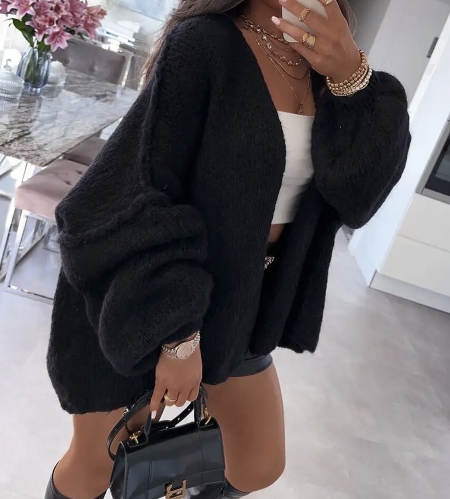 Oversized wollen gilet met ballonmouwen zwart